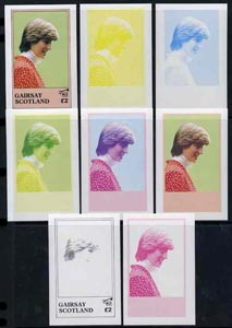 Gairsay 1982 Princess Dis 21st Birthday deluxe sheet (\A32 value) the set of 8 imperf progressive colour proofs comprising the four individual colours plus  two 2-colour,..., stamps on royalty, stamps on diana, stamps on 