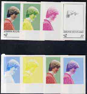 Staffa 1982 Princess Dis 21st Birthday deluxe sheet (\A32 value) the set of 8 imperf progressive colour proofs comprising the four individual colours plus  two 2-colour, ..., stamps on royalty, stamps on diana, stamps on charles, stamps on 