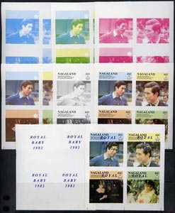 Nagaland 1982 Royal Baby opt on Royal Wedding imperf sheetlet containing set of 4 values, the set of 8 imperf progressive colour proofs comprising single colours and vari..., stamps on royalty, stamps on diana, stamps on charles, stamps on , stamps on william