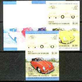 St Vincent - Bequia 1984 Cars #1 (Leaders of the World) $1.50 (1960 Porsche) set of 5 imperf se-tenant progressive colour proof pairs comprising two individual colours, t..., stamps on cars       porsche