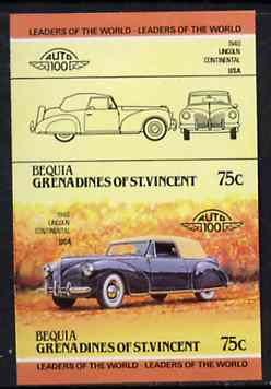 St Vincent - Bequia 1984 Cars #2 (Leaders of the World) 75c (1940 Lincoln Continental) imperf se-tenant proof pair in issued colours from limited printing unmounted mint*, stamps on , stamps on  stamps on cars         lincoln