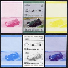 St Vincent - Bequia 1985 Cars #3 (Leaders of the World) 25c (1958 Vanwall 2DB Litre) set of 6 imperf se-tenant progressive colour proof pairs comprising the four individual colours plus 2 and all 4-colour composites unmounted mint, stamps on , stamps on  stamps on cars    racing cars       vanwall