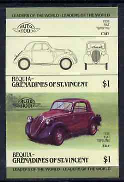 St Vincent - Bequia 1985 Cars #3 (Leaders of the World) $1 (1936 Fiat) imperf se-tenant proof pair in issued colours from limited printing unmounted mint*, stamps on , stamps on  stamps on cars       fiat