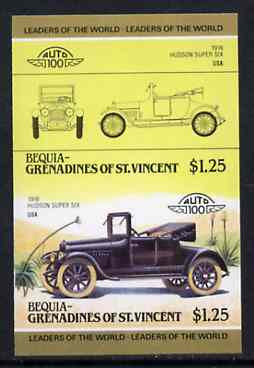 St Vincent - Bequia 1985 Cars #3 (Leaders of the World) $1.25 (Hudson Super Six) imperf se-tenant proof pair in issued colours from limited printing unmounted mint*, stamps on cars    hudson