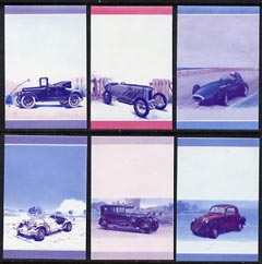 St Vincent - Bequia 1985 Cars #3 (Leaders of the World) set of 12 (6 se-tenant pairs) each in imperf progressive colour proofs in magenta & blue only unmounted mint , stamps on cars    racing cars    hudson    vanwall    fiat     benz blitzen    excalibur    lanchester