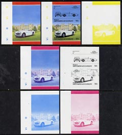 St Vincent - Bequia 1986 Cars #5 (Leaders of the World) 50c (1957 Austin Healey) set of 7 imperf se-tenant progressive colour proof pairs comprising the four individual colours plus 2, 3 and all 4-colour composites unmounted mint, stamps on cars       austin healey    