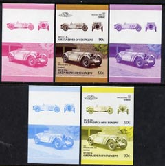 St Vincent - Bequia 1986 Cars #6 (Leaders of the World) 90c (1928 Mercedes Benz) set of 5 imperf se-tenant progressive colour proof pairs comprising two individual colour..., stamps on cars       mercedes benz