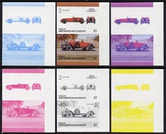 St Vincent - Bequia 1986 Cars #6 (Leaders of the World) $3 (1927 Stutz Black Hawk) set of 6 imperf se-tenant progressive colour proof pairs comprising the four individual..., stamps on cars       stutz