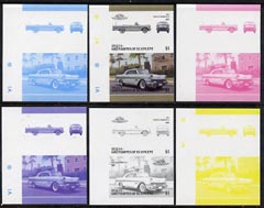 St Vincent - Bequia 1986 Cars #6 (Leaders of the World) $1 (1957 Pontiac Bonneville) set of 6 imperf se-tenant progressive colour proof pairs comprising the four individu..., stamps on cars       pontiac