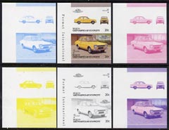 St Vincent - Bequia 1986 Cars #6 (Leaders of the World) 20c (1968 Ford Escort) set of 6 imperf se-tenant progressive colour proof pairs comprising the four individual col..., stamps on cars      ford