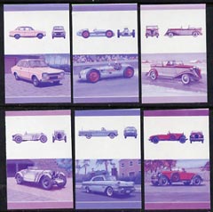 St Vincent - Bequia 1986 Cars #6 (Leaders of the World) set of 12 (6 se-tenant pairs) each in imperf progressive colour proofs in magenta & blue only unmounted mint, stamps on cars       mercedes benz      pontiac    stutz    ford     moore offenhauser    brewster ford