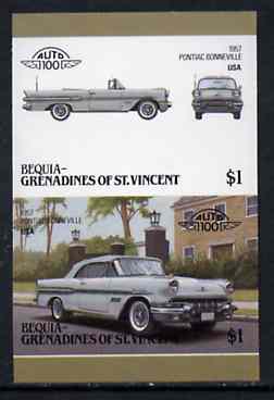 St Vincent - Bequia 1986 Cars #6 (Leaders of the World) $1 (1957 Pontiac Bonneville) imperf se-tenant proof pair in issued colours from limited printing unmounted mint*, stamps on cars       pontiac