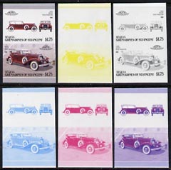 St Vincent - Bequia 1987 Cars #7 (Leaders of the World) $1.75 (1933 Stutz DV32 Phaeton) set of 6 imperf se-tenant progressive colour proof pairs comprising the four individual colours plus 2 and all 4-colour composites unmounted mint, stamps on cars        stutz