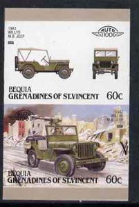 St Vincent - Bequia 1987 Cars #7 (Leaders of the World) 60c (1942 Willys MB Jeep) imperf se-tenant proof pair in issued colours from limited printing unmounted mint*, stamps on , stamps on  stamps on cars        jeep      militaria