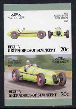 St Vincent - Bequia 1987 Cars #7 (Leaders of the World) 20c (1939 Maserati  8 CTF) imperf se-tenant pair with car in green instead of red, believed to be a special trial proof unmounted mint, stamps on cars    racing cars        maserati