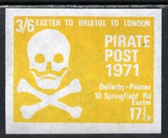 Cinderella - Great Britain 1971 Pirate Post (Exeter to Bristol to London) 17.5p-3s6d imperf label in yellow depicting Skull & Cross-bones, unmounted mint*, stamps on cinderella        pirates
