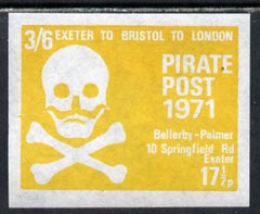 Cinderella - Great Britain 1971 Pirate Post (Exeter to Bristol to London) 17.5p-3s6d imperf label in yellow depicting Skull & Cross-bones, unmounted mint*, stamps on , stamps on  stamps on cinderella        pirates