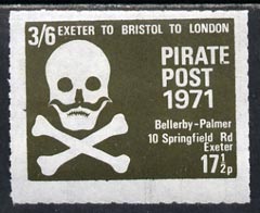 Cinderella - Great Britain 1971 Pirate Post (Exeter to Bristol to London) 17.5p-3s6d rouletted label in blackish-green depicting Skull & Cross-bones unmounted mint*, stamps on , stamps on  stamps on cinderella        pirates