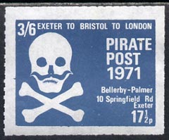 Cinderella - Great Britain 1971 Pirate Post (Exeter to Bristol to London) 17.5p-3s6d rouletted label in grey-blue depicting Skull & Cross-bones unmounted mint*, stamps on , stamps on  stamps on cinderella        pirates