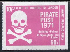 Cinderella - Great Britain 1971 Pirate Post (Exeter to Bristol to London) 50p-10s reply paid rouletted label in pink depicting Skull & Cross-bones unmounted mint*, stamps on cinderella        pirates