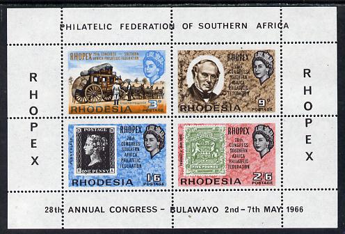 Rhodesia 1966 Philatelic Congress 'Rhopex' perf m/sheet unmounted mint, SG MS 392, stamps on , stamps on  stamps on stamp exhibitions, stamps on  stamps on postal, stamps on  stamps on mail coaches, stamps on  stamps on stamp on stamp, stamps on  stamps on rowland hill, stamps on  stamps on stamponstamp