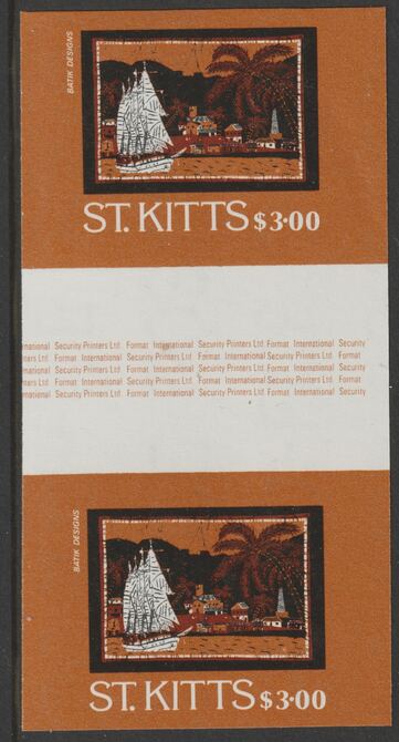 St Kitts 1985 Batik Designs 2nd series $3 (Schooner) imperf inter-paneau gutter pair unmounted mint as SG 172, stamps on ships, stamps on textiles, stamps on transport, stamps on 