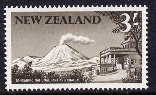 New Zealand 1960-66 Tongariro National Park 3s blackish-brown (from def set) unmounted mint, SG 799, stamps on , stamps on  stamps on national parks, stamps on  stamps on volcanoes, stamps on  stamps on tourism