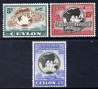 Ceylon 1949 KG6 75th Anniversary of Universal Postal Union set of 3 mounted mint, SG 410-12, stamps on , stamps on  upu , stamps on  kg6 , stamps on 