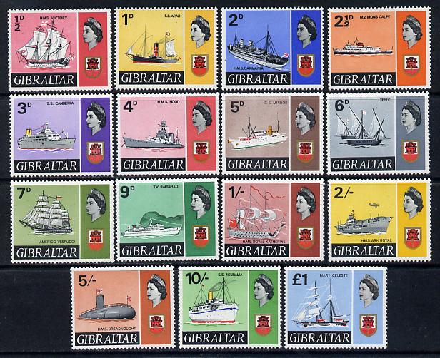 Gibraltar 1967-69 Ships definitive set complete 15 values unmounted mint SG 200-13, stamps on , stamps on  stamps on ships