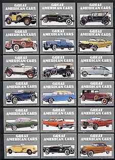 Match Box Labels - complete set of 18 Great American Cars, superb unused condition (Cornish Match Co), stamps on , stamps on  stamps on cars    stutz     pontiac      packard      cord     buick     chrysler     dodge     cadillac     chevrolet    ford      oldsmobile     pierce arrow    studebaker    plymouth    lincoln    duesenburg    auburn      hudson