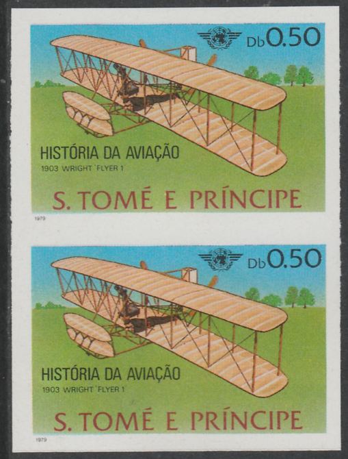 St Thomas & Prince Islands 1979 Aviation History 0.5Db (Wright Flyer 1) imperf proof pair in issued colours on ungummed paper, stamps on , stamps on  stamps on aviation