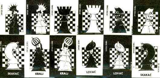 Match Box Labels - complete set of 12 Chessmen, superb unused condition (Yugoslavian Dolac series), stamps on chess