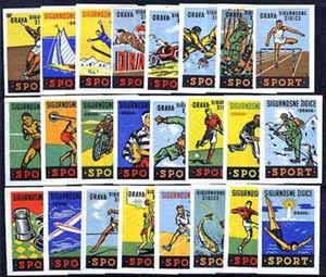 Match Box Labels - complete set of 24 Sports & Pastimes, superb unused condition (Yugoslavian Drava series), stamps on , stamps on  stamps on sport