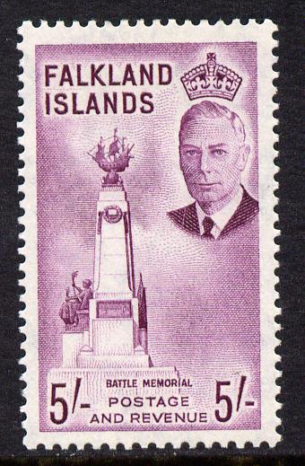 Falkland Islands 1952 KG6 Battle Memorial 5s lightly mounted mint, SG183, stamps on , stamps on  kg6 , stamps on battles, stamps on monuments