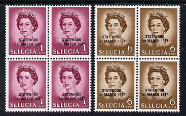 St Lucia 1967 unissued 1c & 6c with Statehood overprint in black each in blocks of 4 unmounted mint, stamps on constitutions