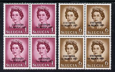 St Lucia 1967 unissued 1c & 6c with Statehood overprint in black each in blocks of 4 unmounted mint, stamps on , stamps on  stamps on constitutions