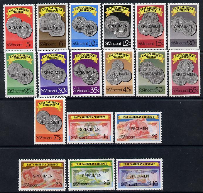St Vincent 1987 East Caribbean Currency P15 definitive set of 18 values each overprinted SPECIMEN unmounted mint as SG1098s-1115s, stamps on coins, stamps on currency, stamps on finance