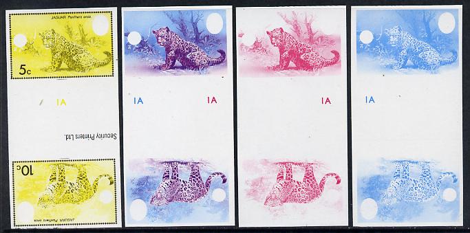 Belize 1983 WWF - Jaguar 5c & 10c in imperf se-tenant tete-beche gutter pair - the set of 4 imperf progressive proofs comprising various single & multiple combination composites, extremely rare unmounted mint (SG 756-7), stamps on cats, stamps on  wwf , stamps on jaguar, stamps on animals