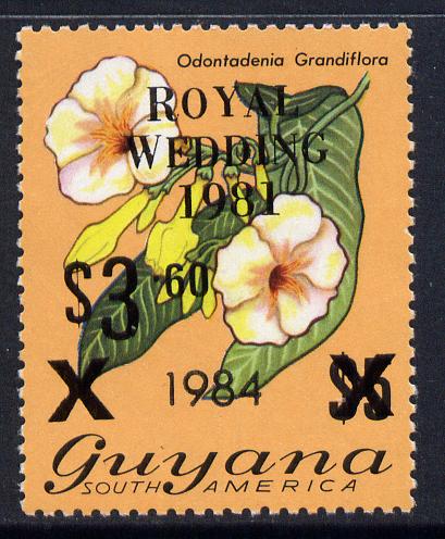 Guyana 1984 Surcharged $3.60 on $5 (black surch) on Royal Wedding overprint unmounted mint, SG 1353, stamps on , stamps on  stamps on communications, stamps on  stamps on royal wedding, stamps on  stamps on royalty, stamps on  stamps on flowers, stamps on  stamps on  itu , stamps on  stamps on diana, stamps on  stamps on charles