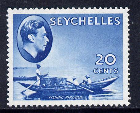 Seychelles 1938-49 KG6 Fishing Pirogue 20c blue unmounted mint SG140, stamps on , stamps on  kg6 , stamps on fishing, stamps on ships