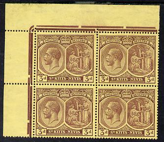 St Kitts-Nevis 1921-29 KG5 Script CA Medicinal Spring 3d purple on yellow NW corner block of 4, unmounted mint SG 45a, stamps on , stamps on  kg5 , stamps on 