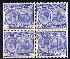 St Kitts-Nevis 1921-29 KG5 Script CA Columbus 2.5d bright blue block of 4, unmounted mint few split perfs SG 44, stamps on , stamps on  stamps on , stamps on  stamps on  kg5 , stamps on  stamps on columbus, stamps on  stamps on explorers