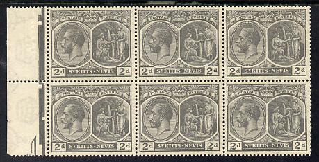 St Kitts-Nevis 1921-29 KG5 Script CA Medicinal Spring 2d slate-grey marginal block of 6, unmounted mint SG 41, stamps on , stamps on  kg5 , stamps on 
