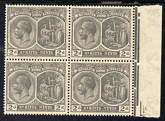 St Kitts-Nevis 1921-29 KG5 Script CA Medicinal Spring 2d slate-grey marginal block of 4, unmounted mint SG 41, stamps on , stamps on  stamps on , stamps on  stamps on  kg5 , stamps on  stamps on 