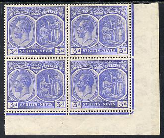 St Kitts-Nevis 1921-29 KG5 Script CA Medicinal Spring 3d dull ultramarine SE corner block of 4, unmounted mint SG 45, stamps on , stamps on  kg5 , stamps on 