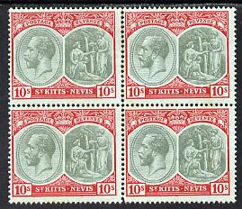 St Kitts-Nevis 1920-22 KG5 MCA Medicinal Spring 10s green & red on green block of 4 unmounted mint but light rusting SG35, stamps on , stamps on  stamps on , stamps on  stamps on  kg5 , stamps on  stamps on 