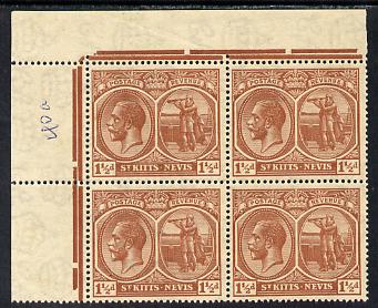 St Kitts-Nevis 1921-29 KG5 Script CA Columbus 1.5d red-brown NW corner block of 4, unmounted mint SG 40a, stamps on , stamps on  kg5 , stamps on columbus, stamps on explorers