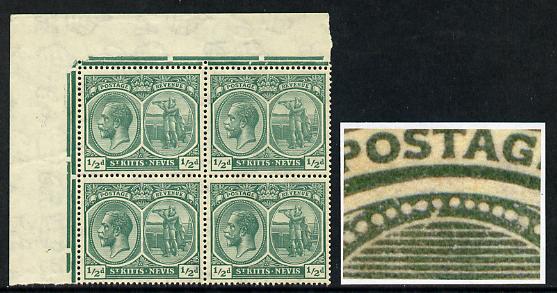 St Kitts-Nevis 1921-29 KG5 Script CA Columbus 1/2d blue-green NW corner block of 4, unmounted mint with white flaw on R1/1 SG 37, stamps on , stamps on  kg5 , stamps on columbus, stamps on explorers