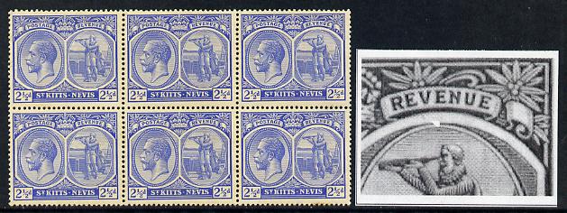 St Kitts-Nevis 1921-29 KG5 Script CA Columbus 2.5d ultramarine block of 6, unmounted mint one stamp with broken frame above Columbuss Head (R4-5) SG 44, stamps on , stamps on  kg5 , stamps on columbus, stamps on explorers