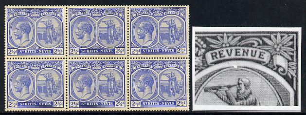 St Kitts-Nevis 1921-29 KG5 Script CA Columbus 2.5d ultramarine block of 6, unmounted mint one stamp with broken frame above Columbus's Head (R4-5) SG 44, stamps on , stamps on  stamps on , stamps on  stamps on  kg5 , stamps on  stamps on columbus, stamps on  stamps on explorers